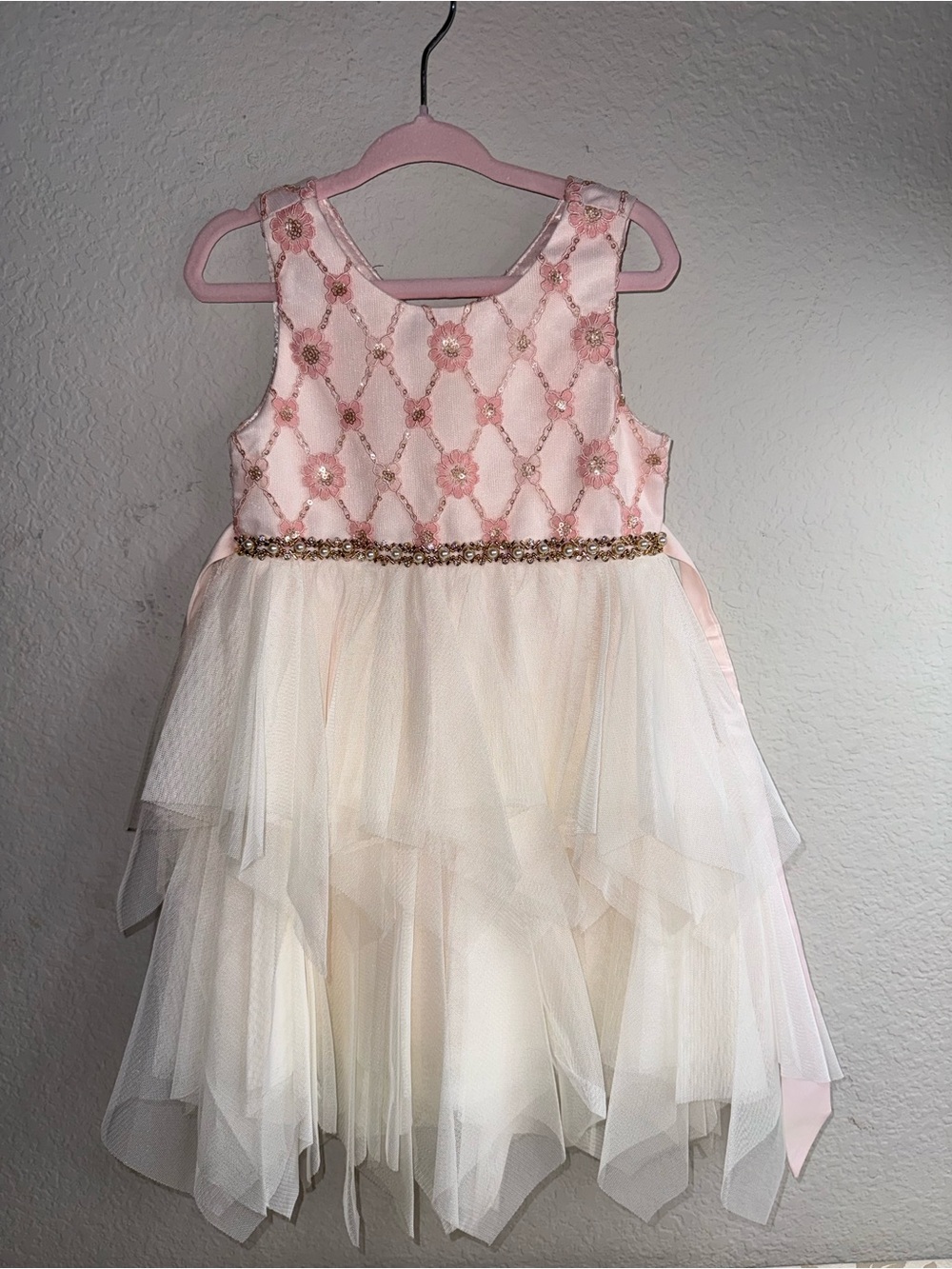 American Princess Pink & Cream Floral Beaded Tulle Dress